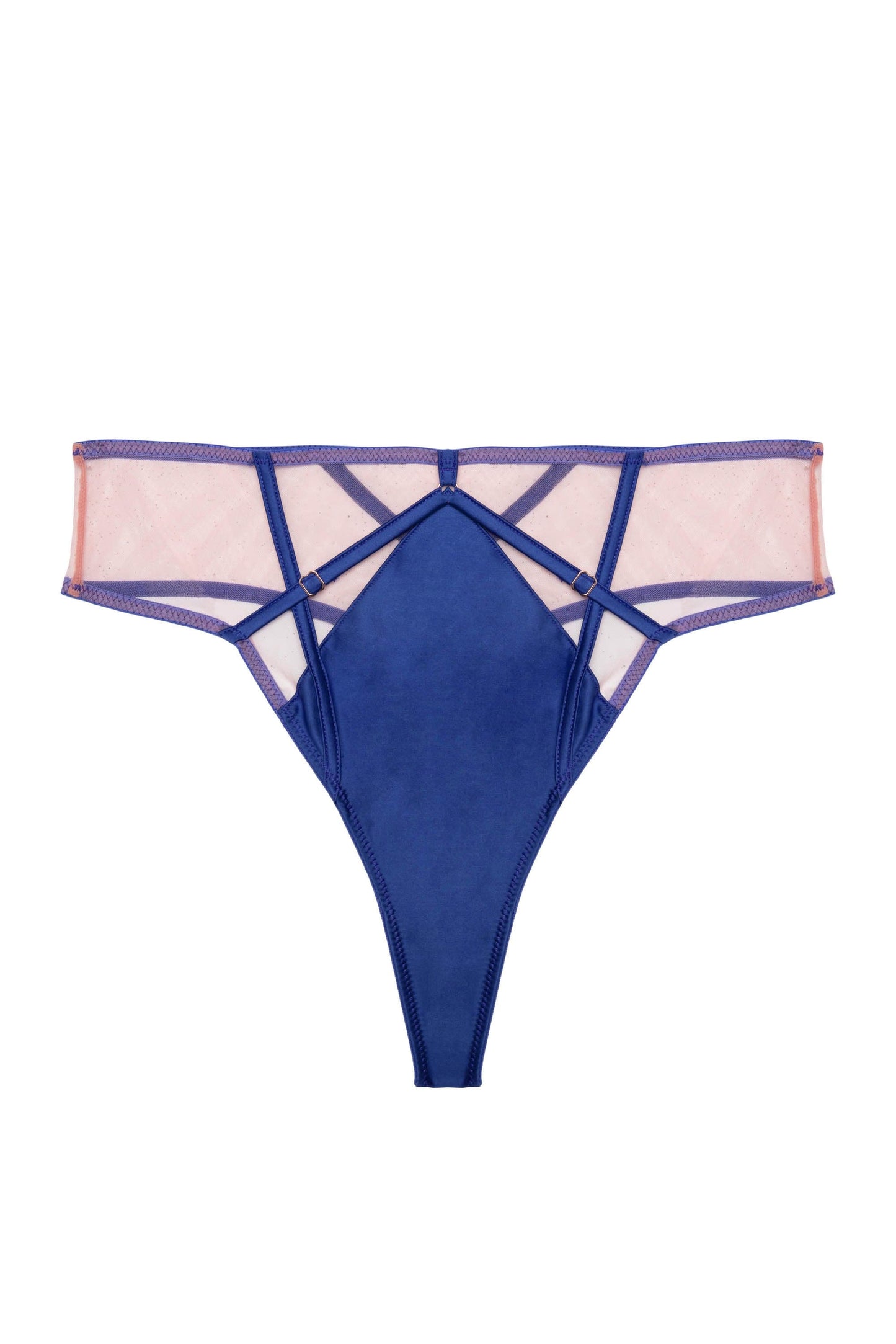 Ramona Strap Detail Illusion Mesh High Waisted Thong In Cobalt - Playful Promises